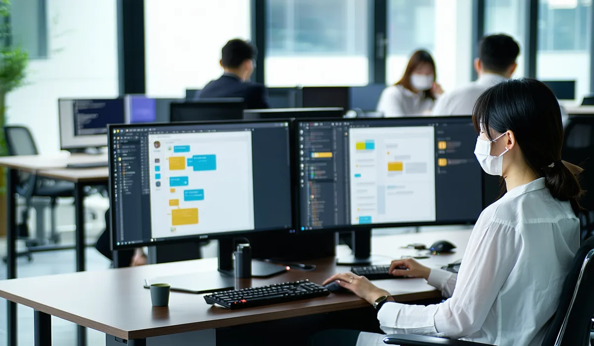 Customer support team using AI-assisted tools to handle inquiries at a modern Japanese office call center