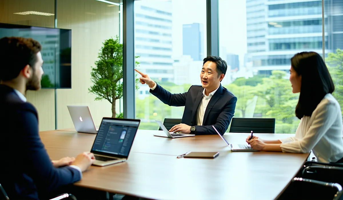 Japanese enterprise DX team in a modern Tokyo office collaborating around a digital workflow display
